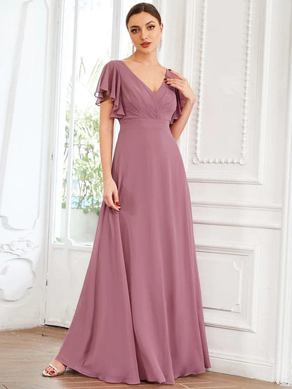 Custom Size Short Ruffle Sleeve Pleated Chiffon A-Line Evening Dress