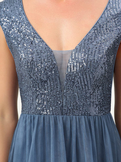 Sequin Illusion Plunging V-Neckline Sleeveless A-Line Tulle Evening Dress
