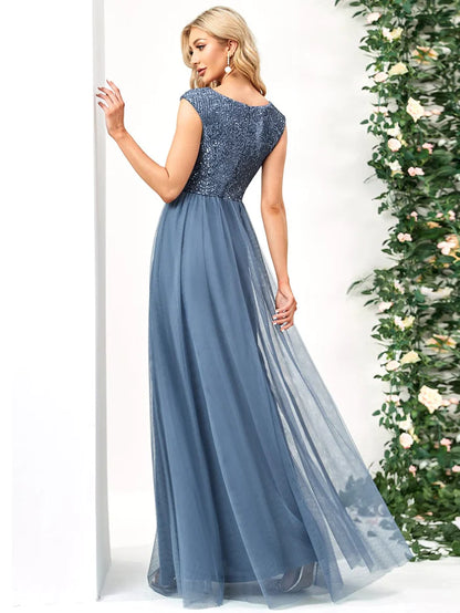 Sequin Illusion Plunging V-Neckline Sleeveless A-Line Tulle Evening Dress