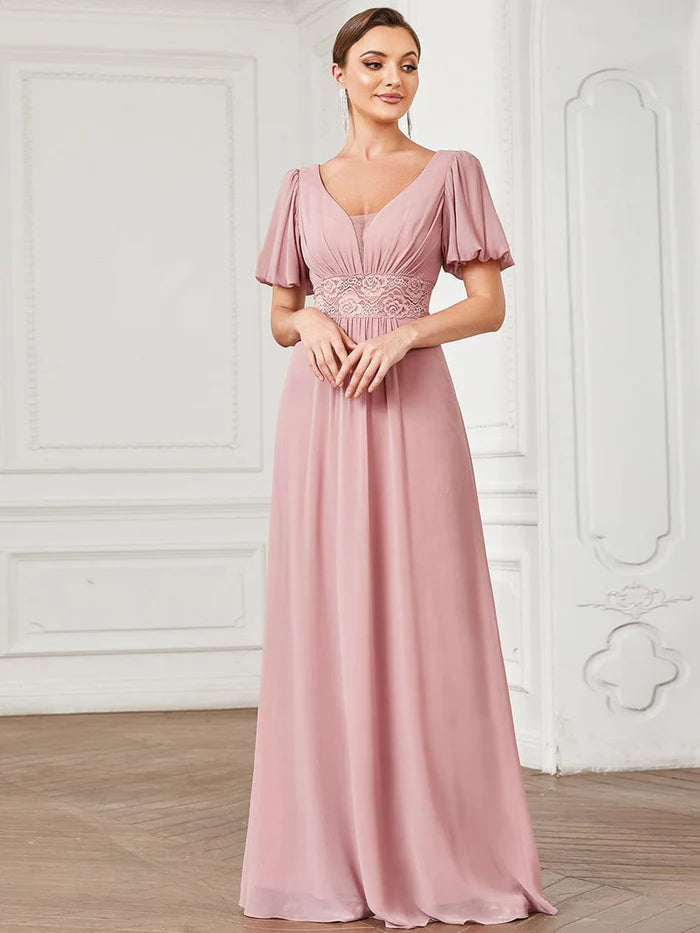 A-Line Pleated Chiffon Short Sleeve Illusion Lace Evening Dress