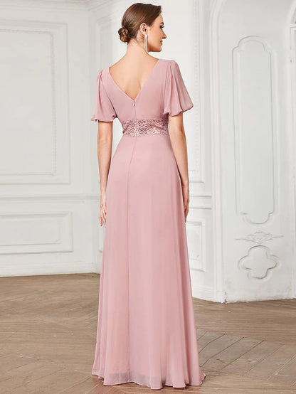 A-Line Pleated Chiffon Short Sleeve Illusion Lace Evening Dress