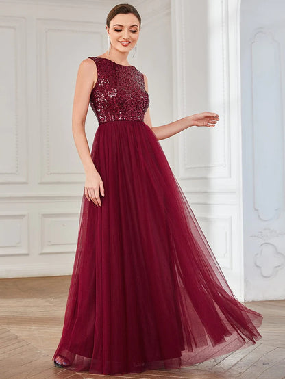 Sequin Sleeveless Lace-Up Tulle Evening Dress