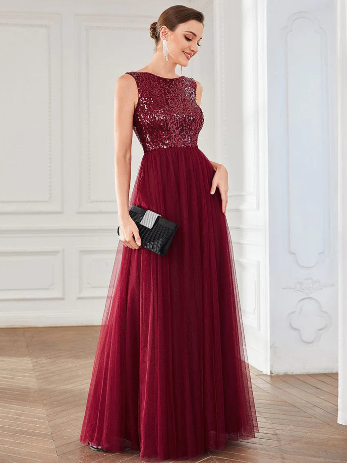 Sequin Sleeveless Lace-Up Tulle Evening Dress
