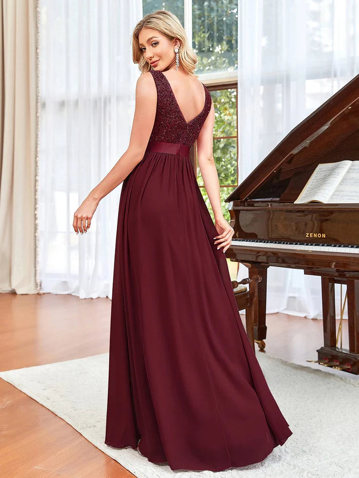 Sequin Sleeveless Plunging V-Neck Ribbon Waist Chiffon A-Line Evening Dress