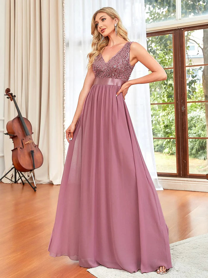Sequin Sleeveless Plunging V-Neck Ribbon Waist Chiffon A-Line Evening Dress