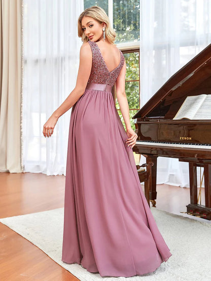 Sequin Sleeveless Plunging V-Neck Ribbon Waist Chiffon A-Line Evening Dress