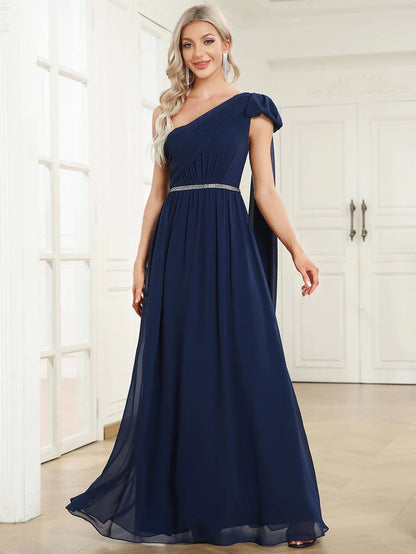 Convertible Embellished Waist Asymmetrical One Shoulder Chiffon Evening Dress