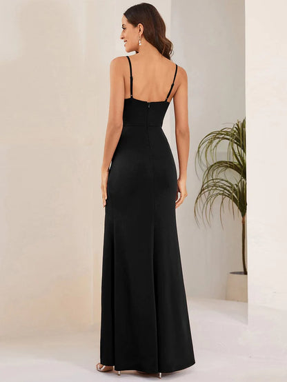 Sparkling Spaghetti Strap Evening Dress with Thigh-High Slit