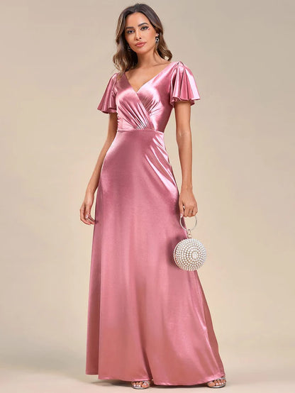 Ruffles Sleeve A-Line Pleated Satin Back V-Neck Evening Dress