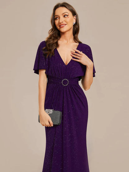 Glittery V-Neck Pleated Bat-Wing Sleeve Bodycon Waist-Cinching Evening Dress