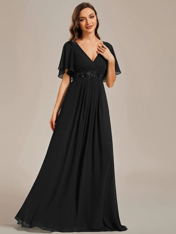 Ruffles Sleeve A-Line Chiffon Waist Applique Maxi Formal Evening Dress