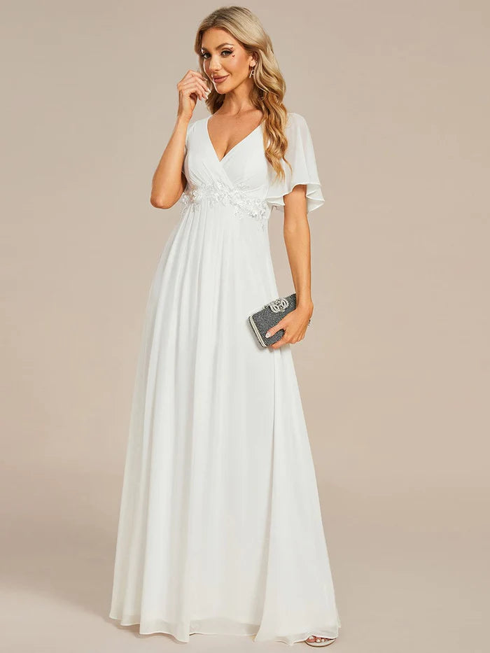 Ruffles Sleeve A-Line Chiffon Waist Applique Maxi Formal Evening Dress