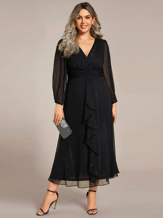 Plus Size Twist Knot Louts Leaf Long Sleeve A-Line Evening Dress