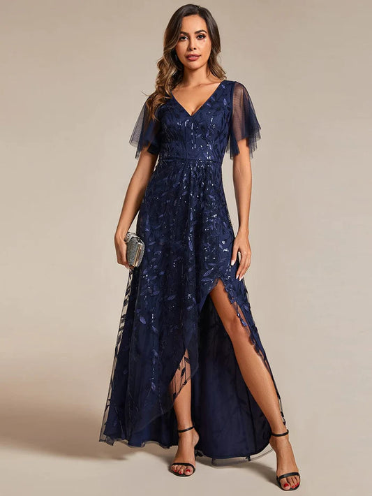 Short-Sleeves Sequin High Low V-Neck Midi Formal Evening Dress