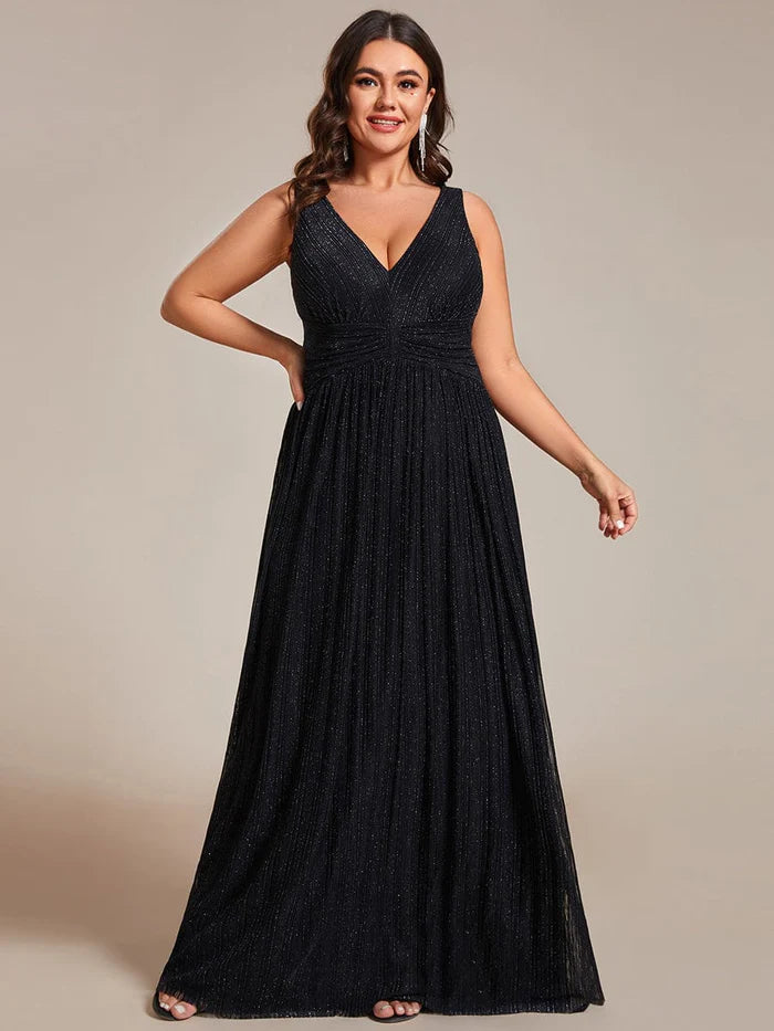 Plus Size Sleeveless V-Neck Pleated A-Line Formal Evening Dress