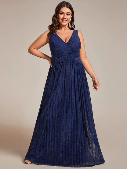 Plus Size Sleeveless V-Neck Pleated A-Line Formal Evening Dress
