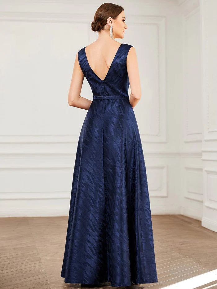 Illusion V-Neck Satin Empire Waist A-Line Evening Dress