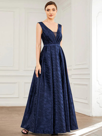 Illusion V-Neck Satin Empire Waist A-Line Evening Dress