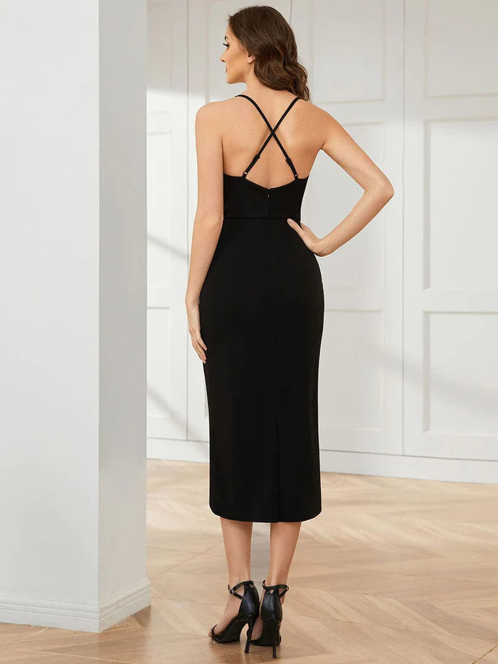 Elegant Pleated Tea Length High Stretch Backless Wedding Guest Dress