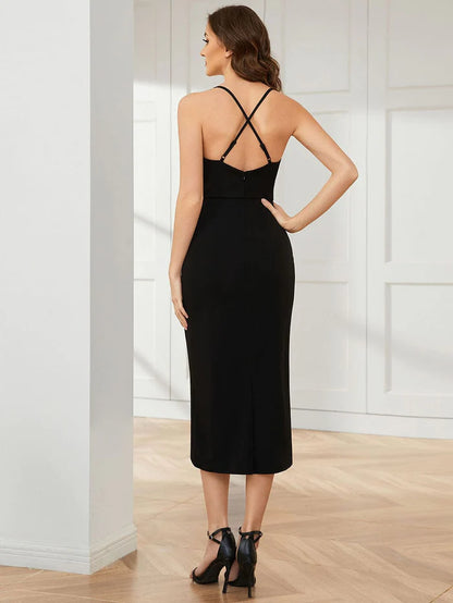 Elegant Pleated Tea Length High Stretch Backless Wedding Guest Dress