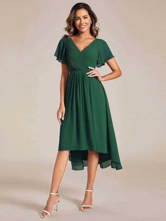 Chic V Neck Asymmetrical Hem Ruffles Sleeve Pleated Chiffon Wedding Gu – LD  Dress