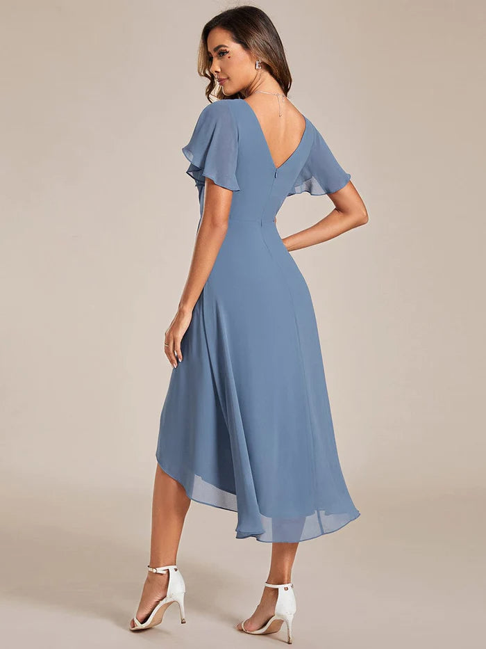 Chic V Neck Asymmetrical Hem Ruffles Sleeve Pleated Chiffon Wedding Gu – LD  Dress