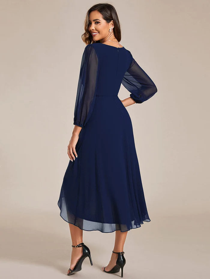 Long Sleeves Asymmetrical Hem A-Line Midi Wedding Guest Dress