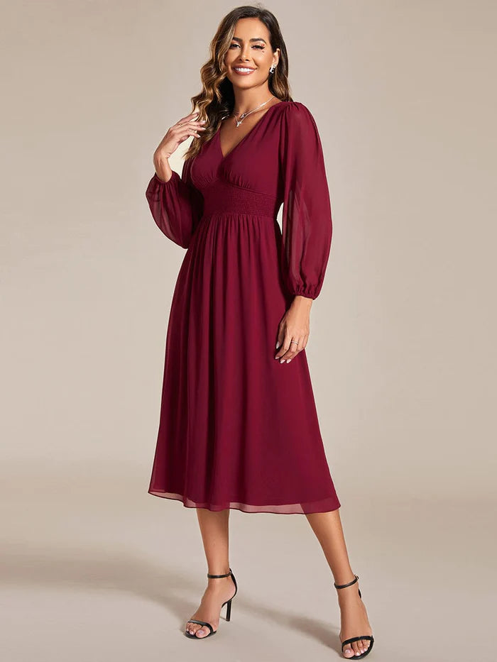 Chiffon V-Neck Long Sleeves Band Midi Wedding Guest Dress – LD Dress