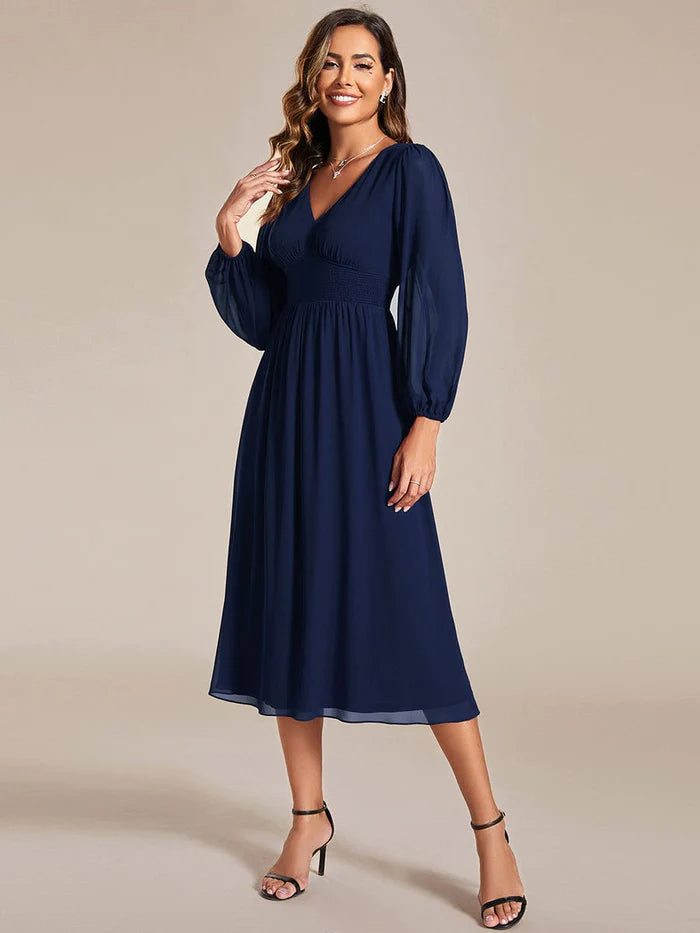 white christmas dresses Chiffon V-Neck Long Sleeves Band Midi Wedding Guest Dress – LD Dress