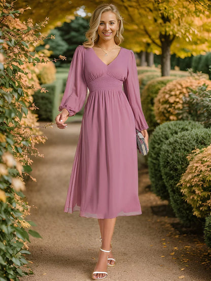 Chiffon V-Neck Long Sleeves  Band Midi Wedding Guest Dress