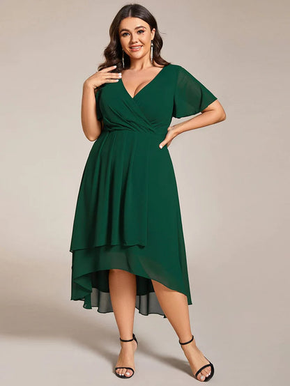 Plus Size Chiffon Short Sleeves Pleated V-Neck A-Line Midi Wedding Guest Dress