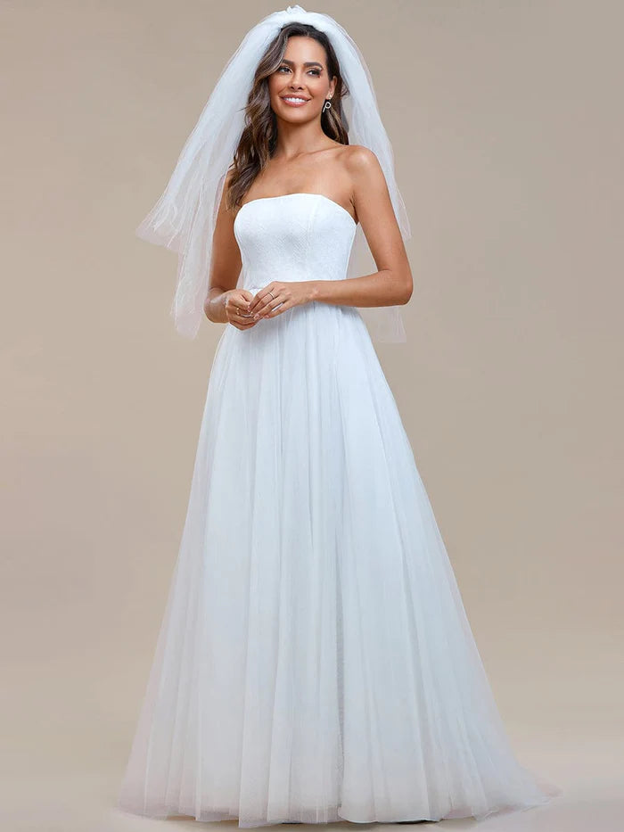 Romantic Back-laced Adjustable Strapless A-Line Tulle Wedding Dress