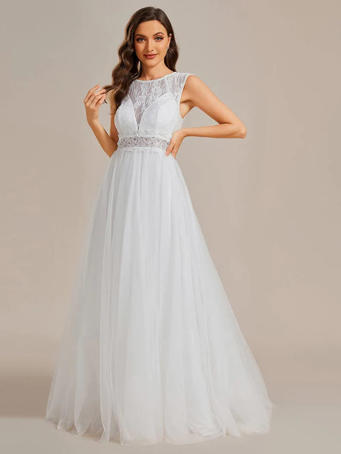 Cover Sleeve See-Through Round Neckline Lace Embroidery Wedding Dress