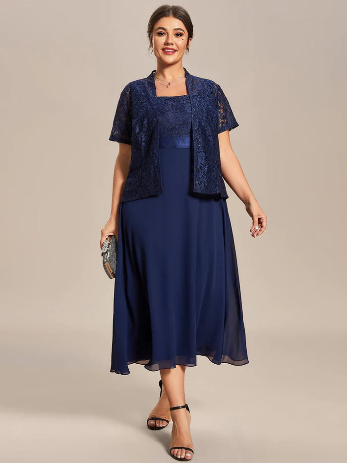 Plus Size Square Neckline A-Line Chiffon Mother of the Bride Dress with Lace Cardigan