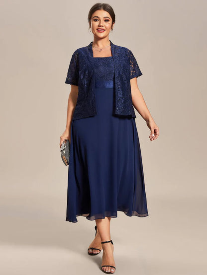 Plus Size Square Neckline A-Line Chiffon Mother of the Bride Dress with Lace Cardigan