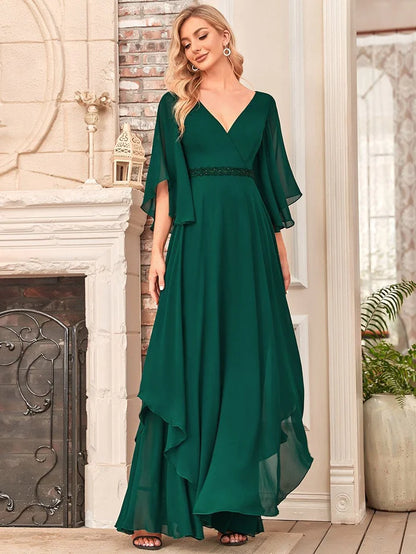 Elegant V-Neck Ruffle Sleeve Mother of the Bride Dress