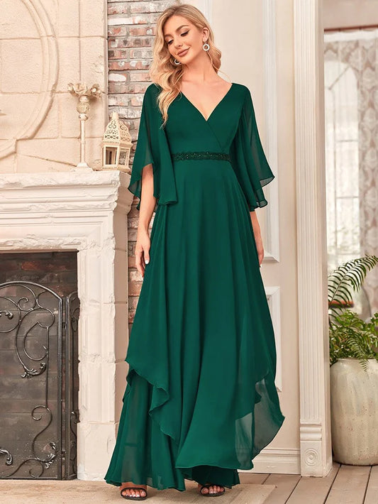 Elegant V-Neck Ruffle Sleeve Mother of the Bride Dress