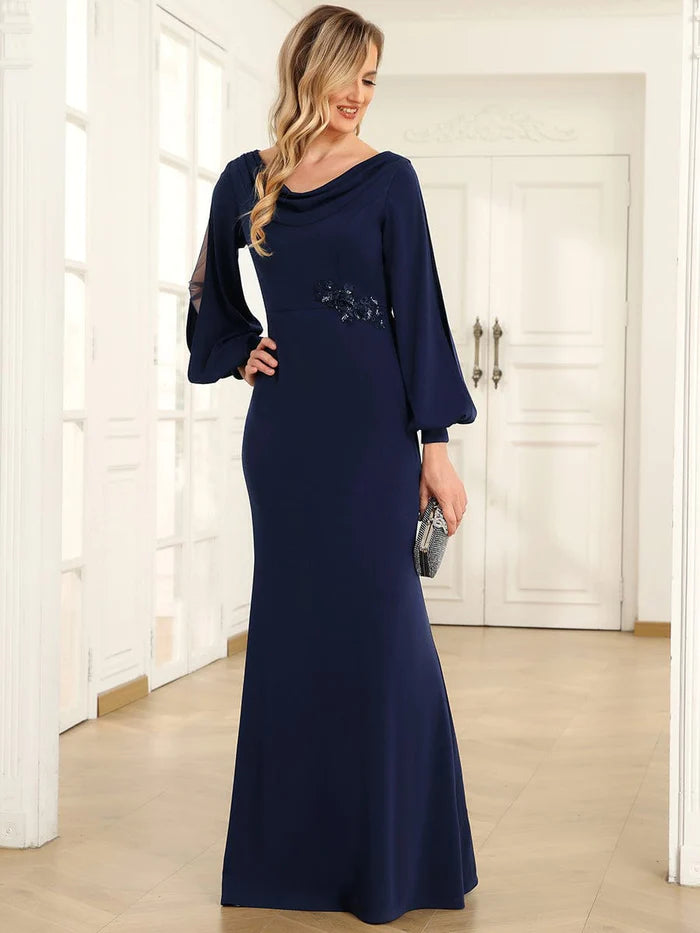 Lantern Sleeve Cowl Neck Knitting Mother of the Bride Dress