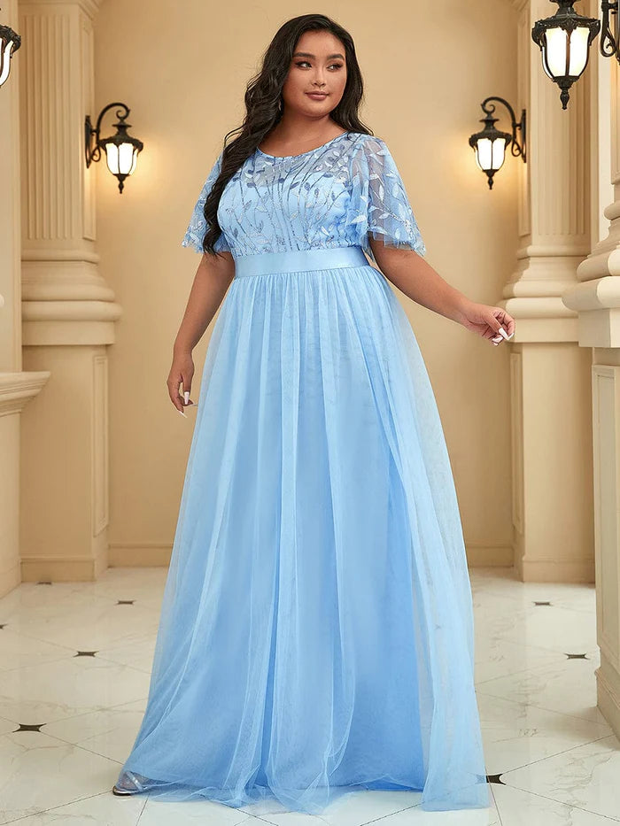 Plus Size Sequin Bodice Long Formal Evening Dresses