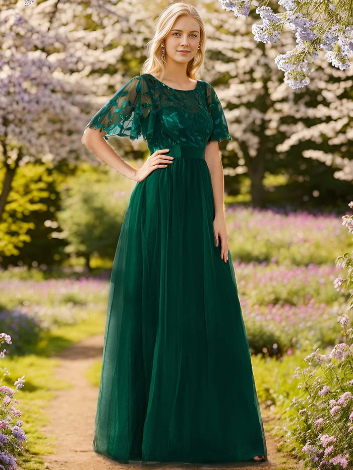 Women's A-Line Sequin Leaf Maxi Prom Dress with Sleeves