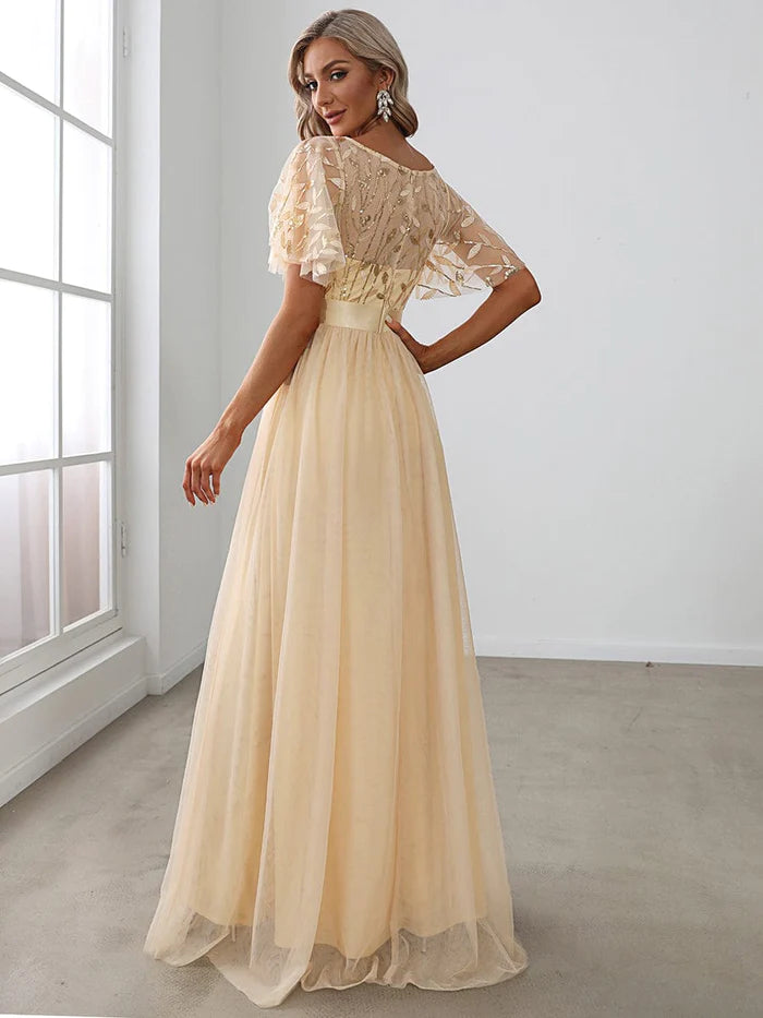 Women's A-Line Sequin Leaf Maxi Prom Dress with Sleeves