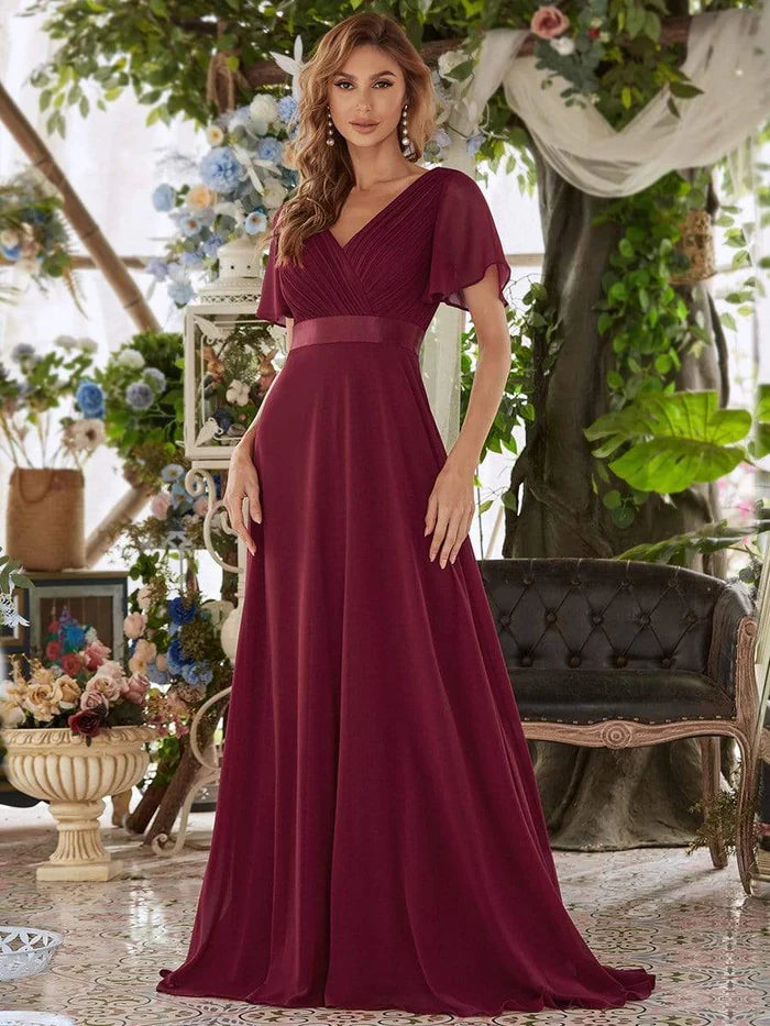 green emerald velvet dress Long Chiffon Empire Waist Bridesmaid Dress with Short Flutter Sleeves – LD  Dress