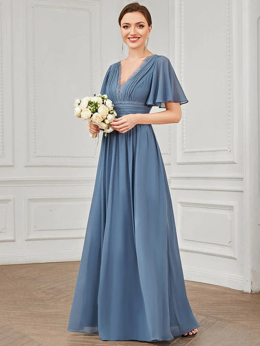 Lace A-Line Short-Sleeve Chiffon Bridesmaid Dress