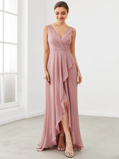 Custom Size Chiffon Ruffled Hem Front Slit Sleeveless Bridesmaid Dress