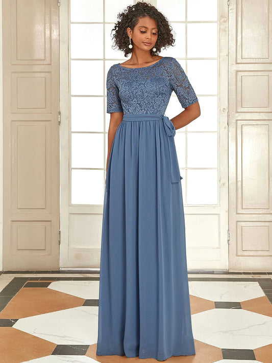 Elegant Lace Bodice Chiffon Evening Dress with Belt