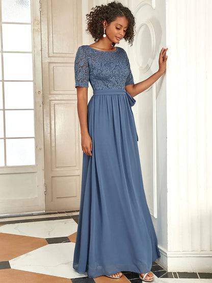 Elegant Lace Bodice Chiffon Evening Dress with Belt