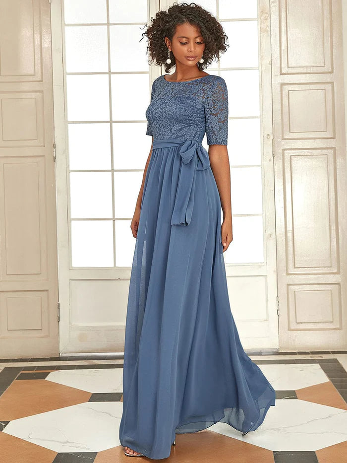 Elegant Lace Bodice Chiffon Evening Dress with Belt