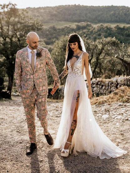 Edgy Boho Beaded Lace Spaghetti Strap Deep Plunge High Slit Open Back Sheer Tulle Wedding Dress