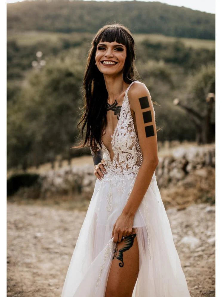 Edgy Boho Beaded Lace Spaghetti Strap Deep Plunge High Slit Open Back Sheer Tulle Wedding Dress