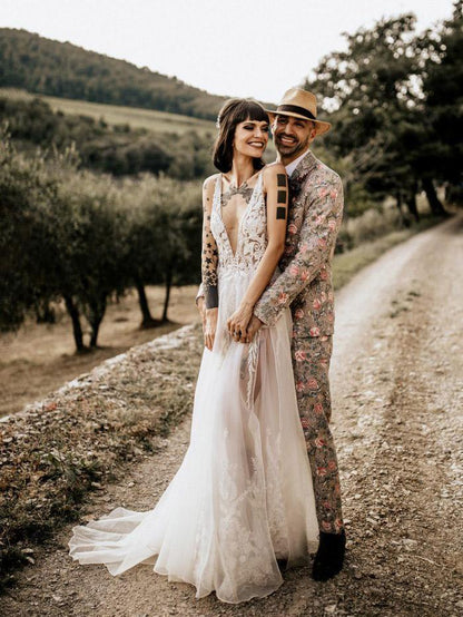 Edgy Boho Beaded Lace Spaghetti Strap Deep Plunge High Slit Open Back Sheer Tulle Wedding Dress